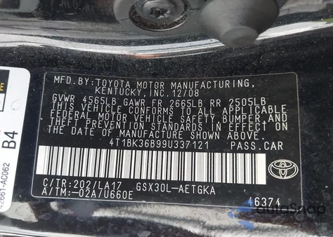 2009 Toyota Avalon Xls z USA, uszkodzony, nr VIN 4T1BK36B99U337121
